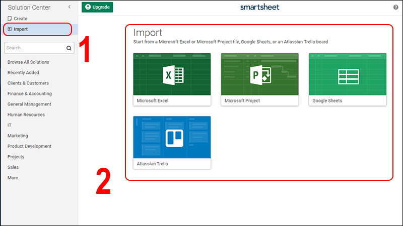 chọn Import để thêm file có sẵn như Microsoft Excel, Google Sheet, Microsoft Project và Atlassian Trello.